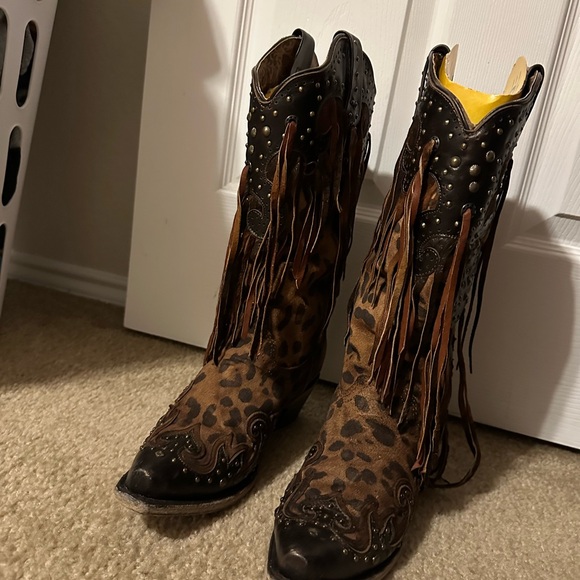 Leopard Print Fringe Cowgirl Boots - Picture 1 of 9